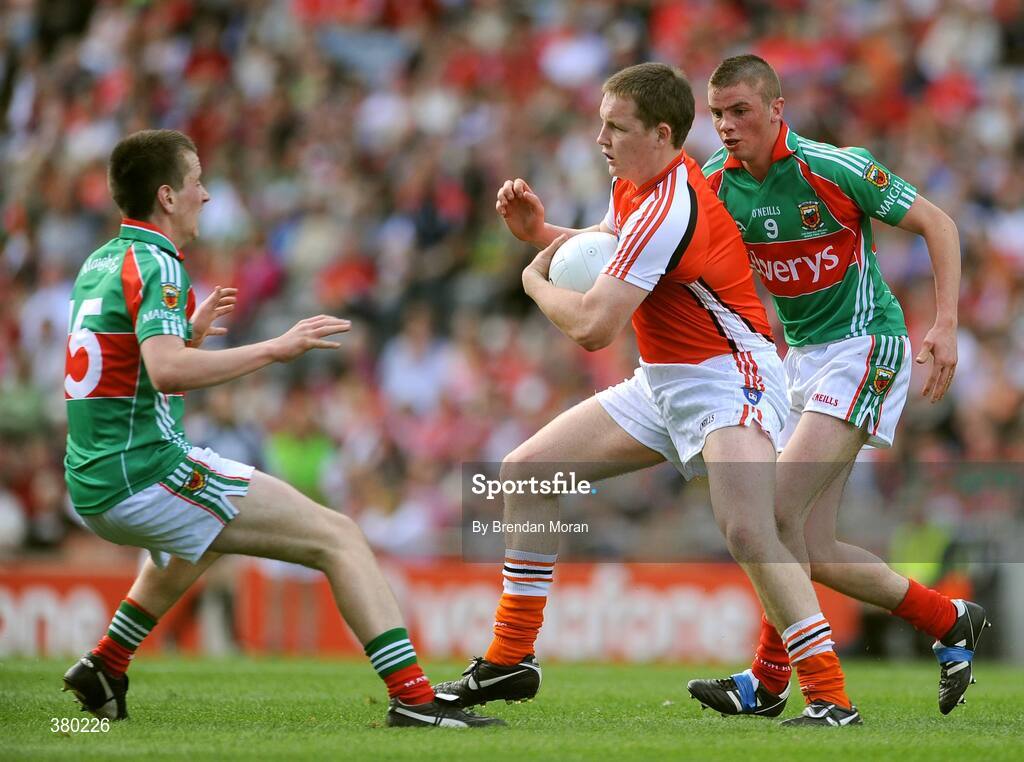 20 September 2009; Declan McKenna, Armagh, in action against Cillian O'Connor, left, and Andrew Farrell, Mayo. ESB GAA Football All-Ireland Minor Championship Final, Armagh v Mayo, Croke Park, Dublin. Picture credit: Brendan Moran / SPORTSFILE