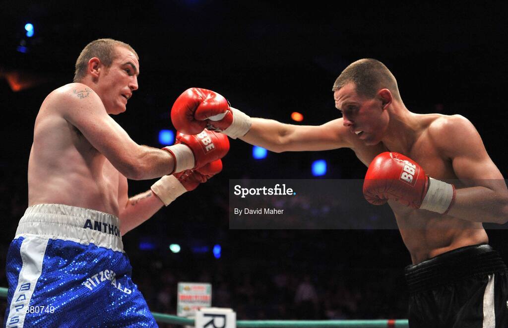 26 September 2009; Anthony Fitzgerald, left, in action against  Tadas Jonkus during their International Middleweight bout. Hunky Dorys Fight Night Undercard, The O2, Dublin. Picture credit: David Maher / SPORTSFILE