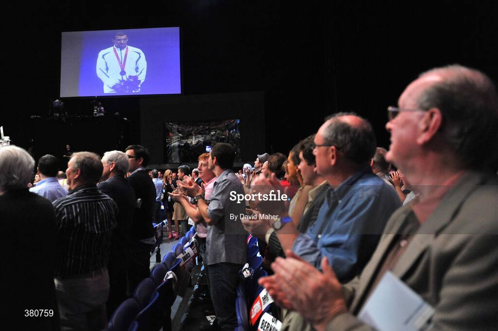 26 September 2009; A general view of a tribute to the late Olympic gold medalist Darren Sutherland. Hunky Dorys World Title Fight Night, Bernard Dunne v Poonsawat Kratingdaenggym, The O2, Dublin. Picture credit: David Maher / SPORTSFILE