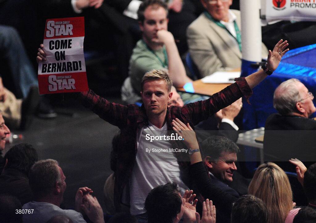 26 September 2009; Nicky Byrne, from Westlife, is introduced to the crowd ahead of the WBA World Super Bantamweight title fight between Bernard Dunne v Poonsawat Kratingdaenggym. Hunky Dorys World Title Fight Night, The O2, Dublin. Picture credit: Stephen McCarthy / SPORTSFILE