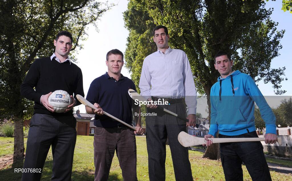 28 September 2009; At the announcement of the GPA's admission to EU Athletes are, left to right, Dublin footballer Ross McConnell, Gaelic Player Association's CEO Dessie Farrell, EU Athletes General Secretary and former basketballer Walter Palmer and Dublin Hurler Alan McCrabbe. Announcement of the GPA's Admission to EU Athletes, GPA offices, Drumcondra, Dublin. Photo by Sportsfile