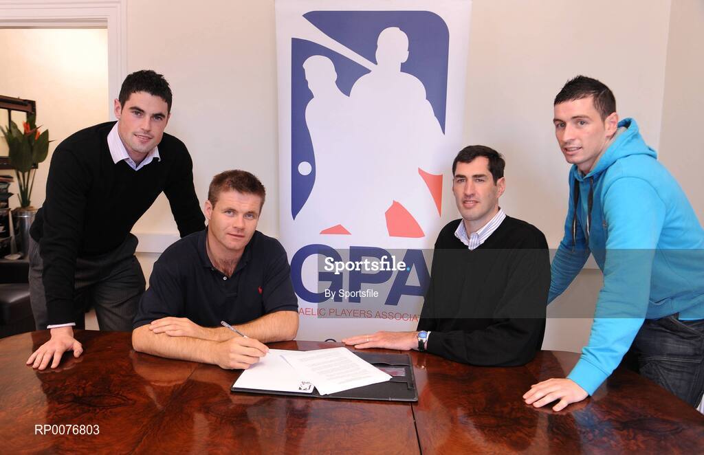 28 September 2009; At the announcement of the GPA's admission to EU Athletes are, left to right, Dublin footballer Ross McConnell, Gaelic Player Association's CEO Dessie Farrell, EU Athletes General Secretary and former basketballer Walter Palmer and Dublin Hurler Alan McCrabbe. Announcement of the GPA's Admission to EU Athletes, GPA offices, Drumcondra, Dublin. Photo by Sportsfile