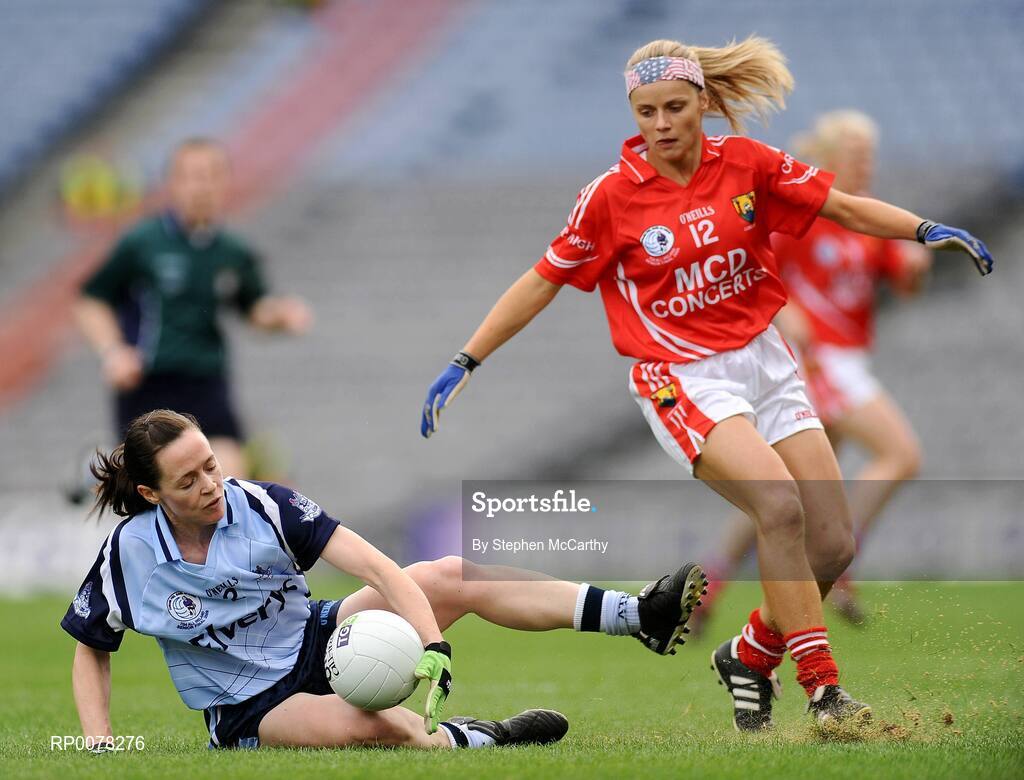 27 September 2009; Avril Cluxton, Dublin, in action against Amy O'Shea, Cork. TG4 All-Ireland Ladies Football Senior Championship Final, Cork v Dublin, Croke Park, Dublin. Picture credit: Stephen McCarthy / SPORTSFILE
