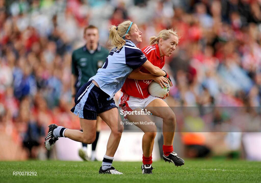 27 September 2009; Nollaig Cleary, Cork, in action against Sorcha Furlong, Dublin. TG4 All-Ireland Ladies Football Senior Championship Final, Cork v Dublin, Croke Park, Dublin. Picture credit: Stephen McCarthy / SPORTSFILE