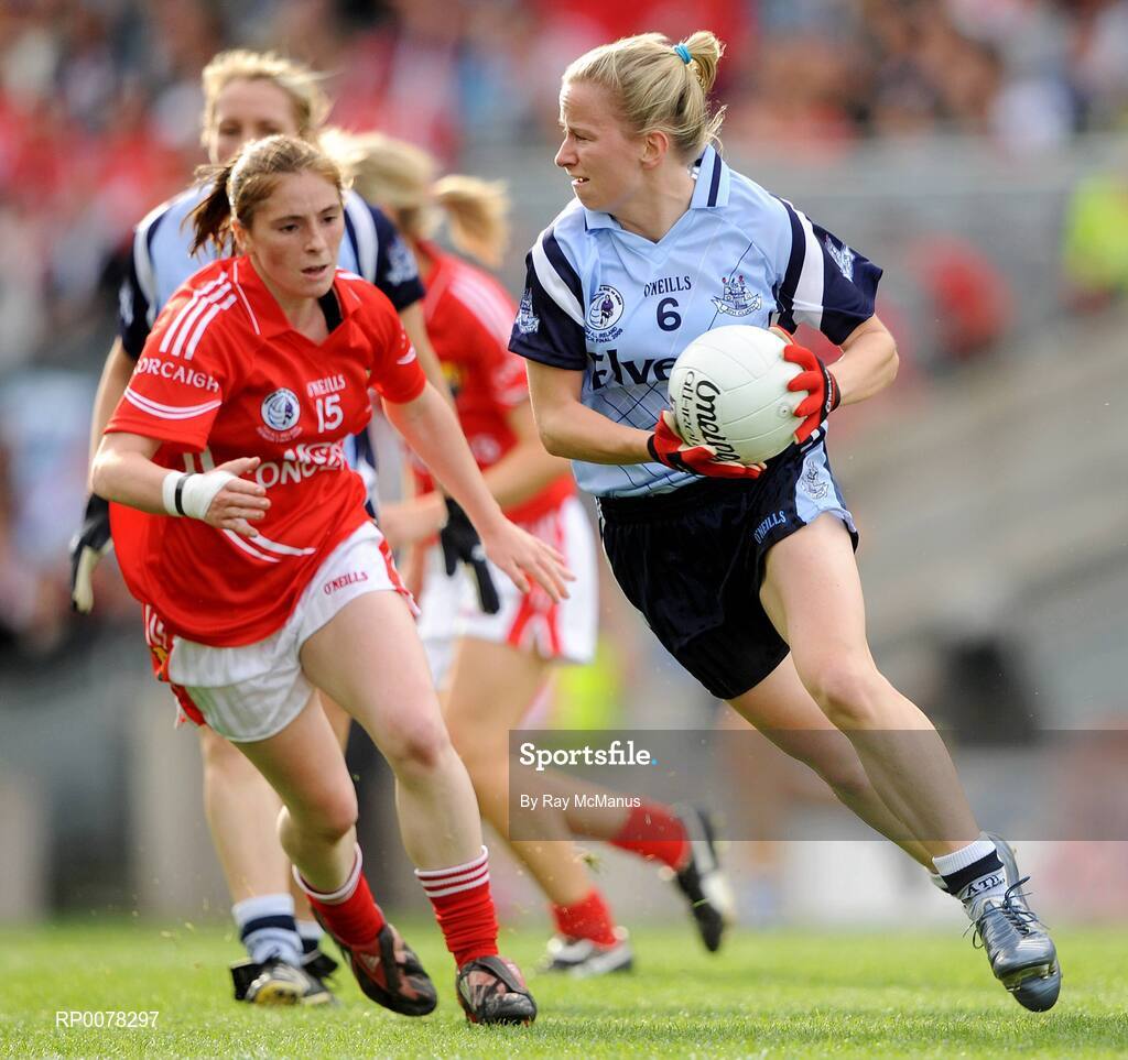 27 September 2009; Sorcha Furlong, Dublin, in action against Rhona Ní Bhuachalla, Cork. TG4 All-Ireland Ladies Football Senior Championship Final, Cork v Dublin, Croke Park, Dublin. Picture credit: Ray McManus / SPORTSFILE