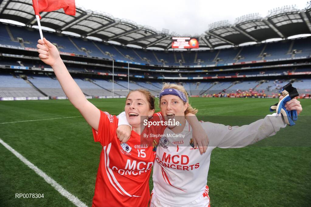27 September 2009; Rhona Ní Bhuachalla, left, and Elaine Harte, Cork, celebrate their side's victory. TG4 All-Ireland Ladies Football Senior Championship Final, Cork v Dublin, Croke Park, Dublin. Picture credit: Stephen McCarthy / SPORTSFILE