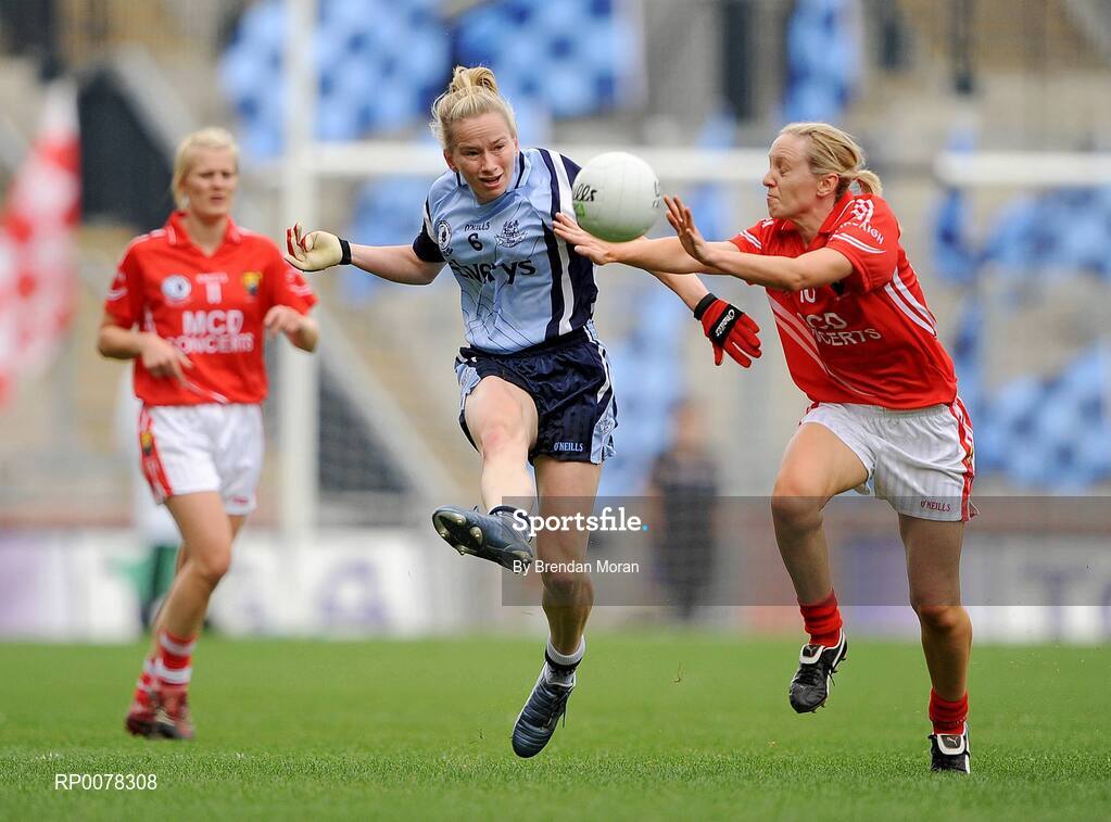 27 September 2009; Sorcha Furlong, Dublin, in action against Nollaig Cleary, Cork. TG4 All-Ireland Ladies Football Senior Championship Final, Cork v Dublin, Croke Park, Dublin. Picture credit: Brendan Moran / SPORTSFILE