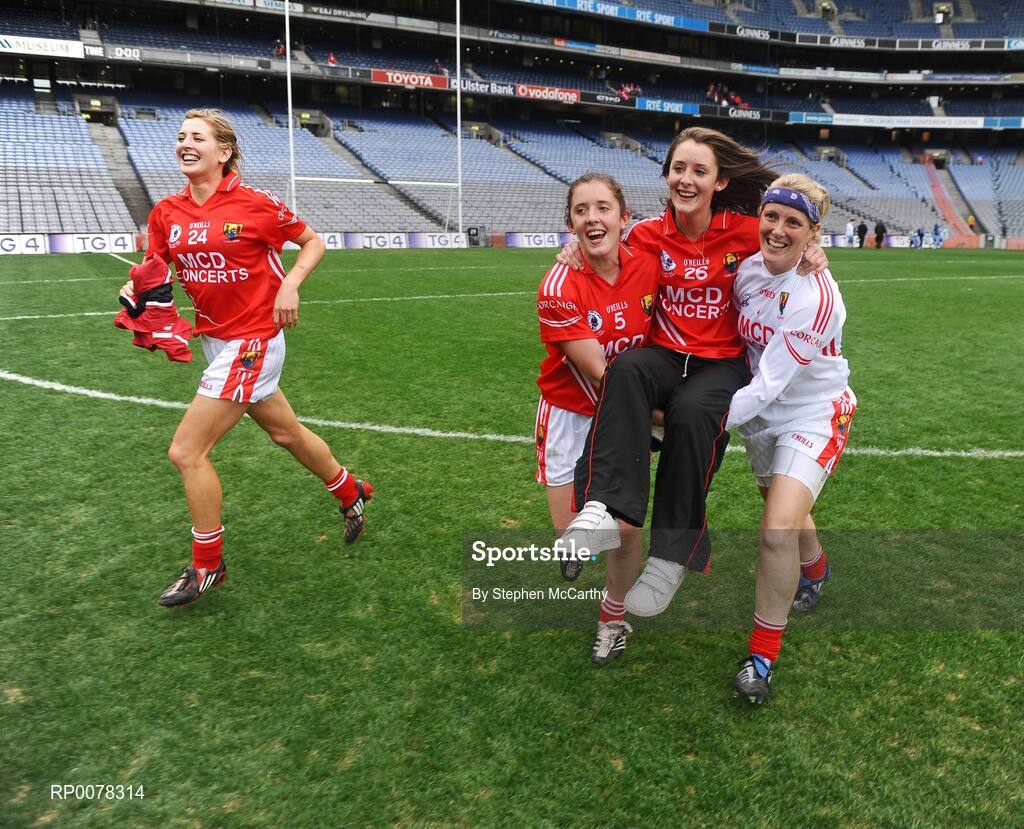 27 September 2009; Cork players, from left, Sile O'Callaghan, Ciara O'Sullivan, Róisin O'Sullivan and Elaine Harte celebrate their side's victory. TG4 All-Ireland Ladies Football Senior Championship Final, Cork v Dublin, Croke Park, Dublin. Picture credit: Stephen McCarthy / SPORTSFILE