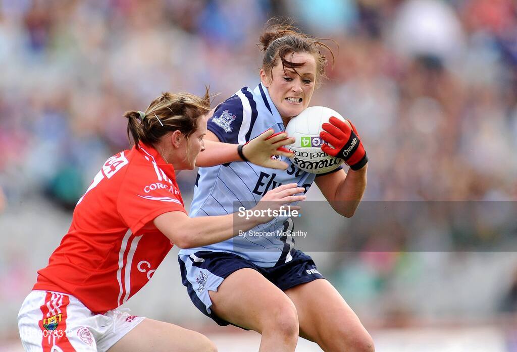 27 September 2009; Niamh McEvoy, Dublin, in action against Briege Corkery, Cork. TG4 All-Ireland Ladies Football Senior Championship Final, Cork v Dublin, Croke Park, Dublin. Picture credit: Stephen McCarthy / SPORTSFILE