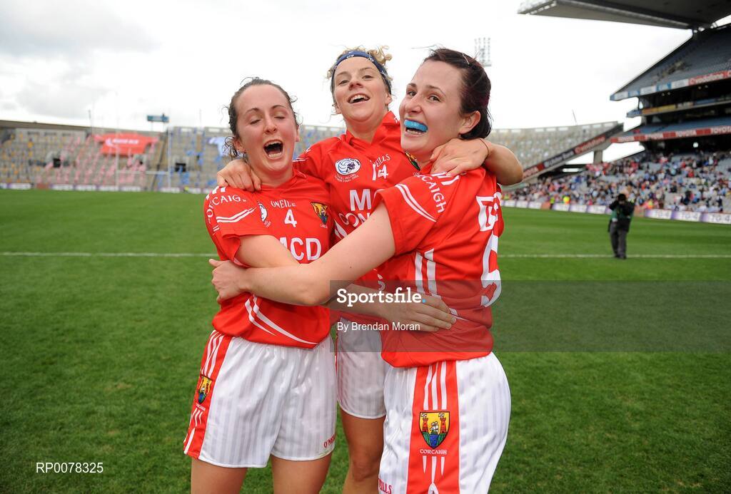 27 September 2009; Cork players, from left, Geraldine O'Flynn, Valerie Mulcahy and Norita Kelly celebrate after the game. TG4 All-Ireland Ladies Football Senior Championship Final, Cork v Dublin, Croke Park, Dublin. Picture credit: Brendan Moran / SPORTSFILE