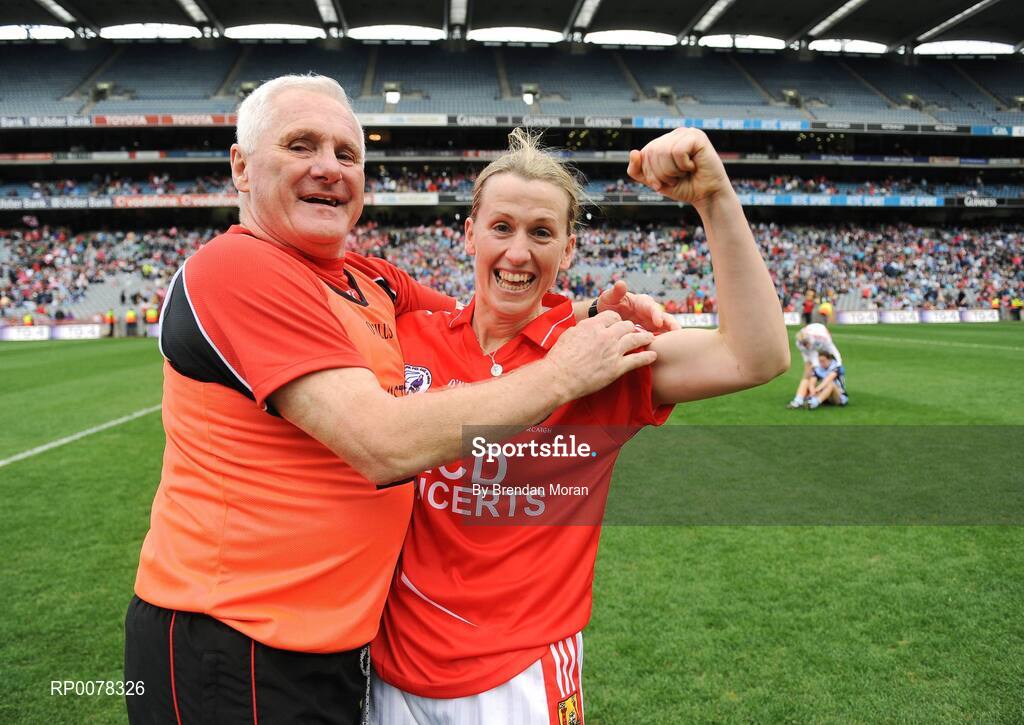 27 September 2009; Cork manager Eamon Ryan and captain Mary O'Connor celebrate after the game. TG4 All-Ireland Ladies Football Senior Championship Final, Cork v Dublin, Croke Park, Dublin. Picture credit: Brendan Moran / SPORTSFILE