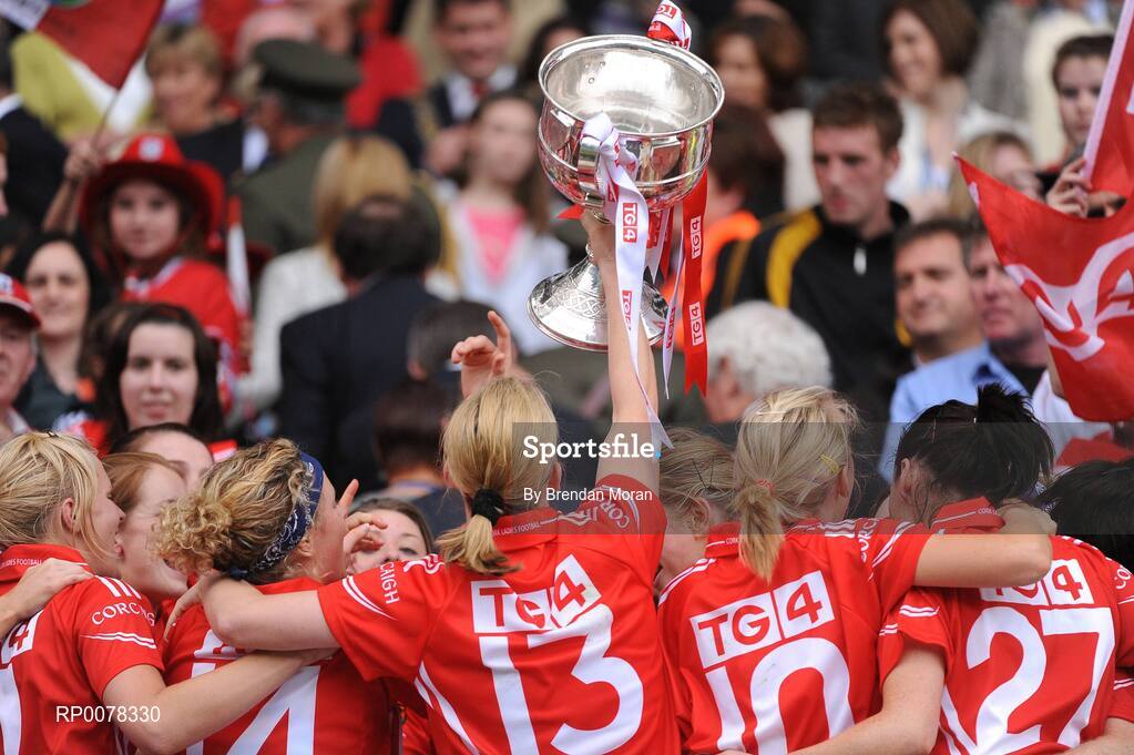 27 September 2009; The Cork team celebrate with the Brendan Martin Cup after the game. TG4 All-Ireland Ladies Football Senior Championship Final, Cork v Dublin, Croke Park, Dublin. Picture credit: Brendan Moran / SPORTSFILE
