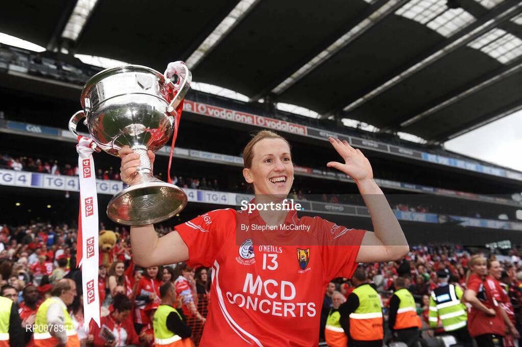 27 September 2009; Cork captain Mary O'Connor celebrates with the Brendan Martin Cup after winning 5-in-a-row titles. TG4 All-Ireland Ladies Football Senior Championship Final, Cork v Dublin, Croke Park, Dublin. Picture credit: Stephen McCarthy / SPORTSFILE