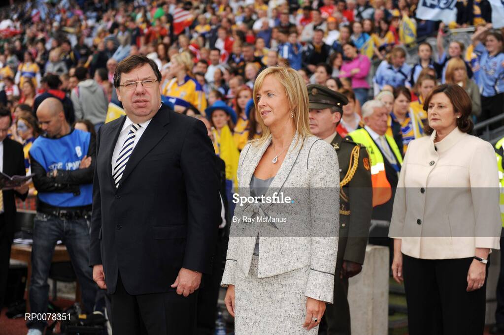 27 September 2009; An Taoiseach Brian Cowen, T.D., and Helen O'Rourke, Chief Executive, Cummann Peil na mBan, before the game. TG4 All-Ireland Ladies Football Senior Championship Final, Cork v Dublin, Croke Park, Dublin. Picture credit: Ray McManus / SPORTSFILE