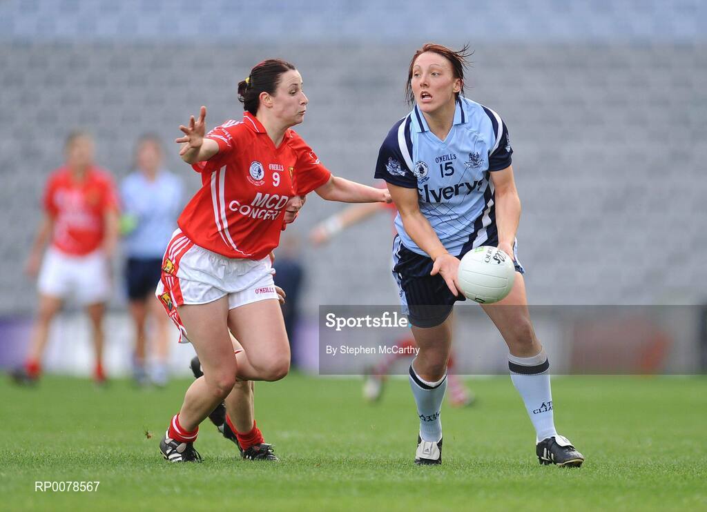 27 September 2009; Lyndsey Peat, Dublin, in action against Norita Daly, Cork. TG4 All-Ireland Ladies Football Senior Championship Final, Cork v Dublin, Croke Park, Dublin. Picture credit: Stephen McCarthy / SPORTSFILE