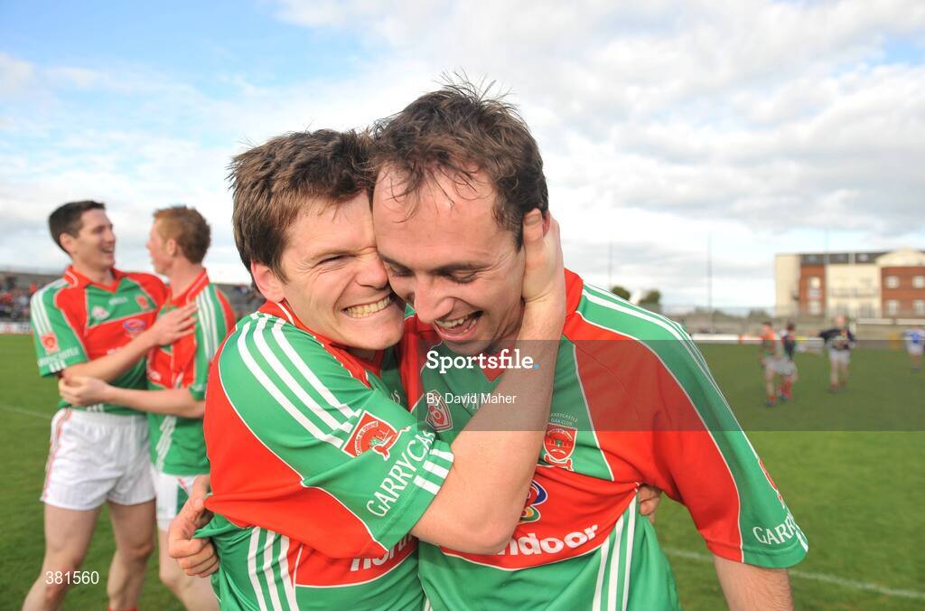 4 October 2009; Karl Henson, left, Garrycastle, celebrates with his team-mate Paul Dillon at the end of the game. Westmeath County Senior Football Final, St Loman's, Mullingar v Garrycastle, Cusack Park, Mullingar, Co. Westmeath. Picture credit: David Maher / SPORTSFILE