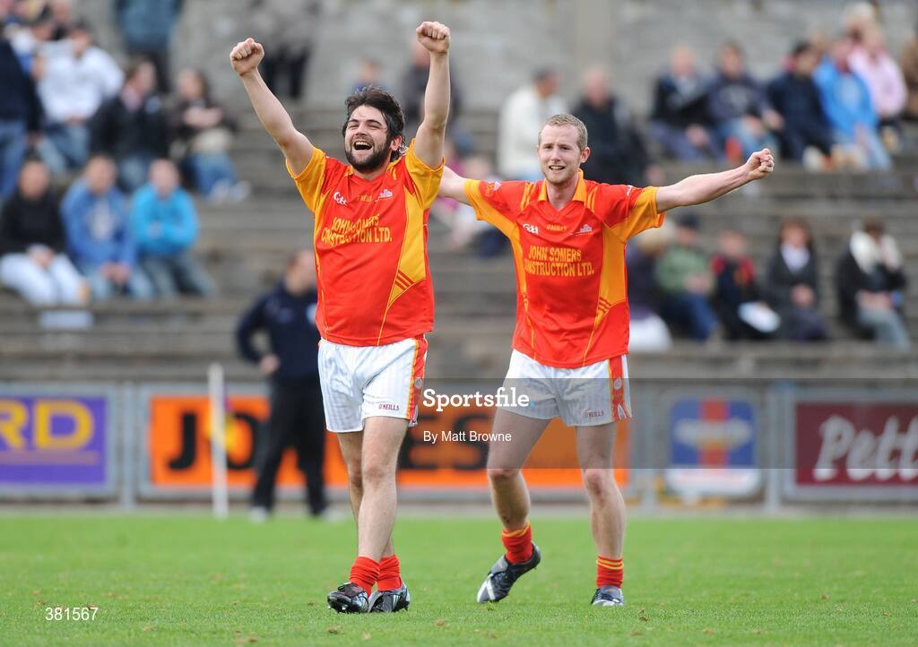 4 October 2009; Horeswood players Niall Collins, left, and Niall Murphy celebrate at the final whistle. Wexford County Senior Football Final, Horeswood v St Anne's, Wexford Park, Wexford. Picture credit: Matt Browne / SPORTSFILE