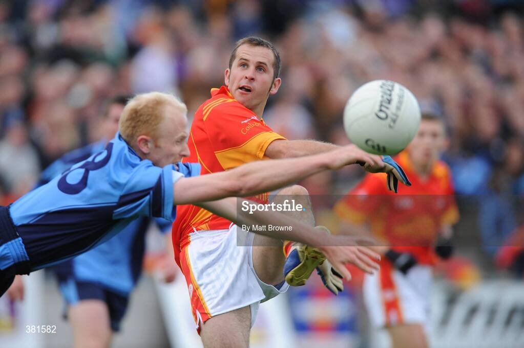 4 October 2009; Cian McGovern, St Anne's, blocks the shot at goal by Jim Wall, Horeswood. Wexford County Senior Football Final, Horeswood v St Anne's, Wexford Park, Wexford. Picture credit: Matt Browne / SPORTSFILE
