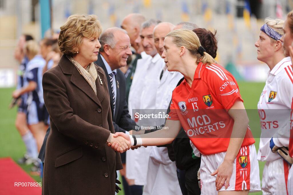 27 September 2009; President Mary McAleese is greeted by Cork captain Mary O'Connor before the game. TG4 All-Ireland Ladies Football Senior Championship Final, Cork v Dublin, Croke Park, Dublin. Picture credit: Brendan Moran / SPORTSFILE