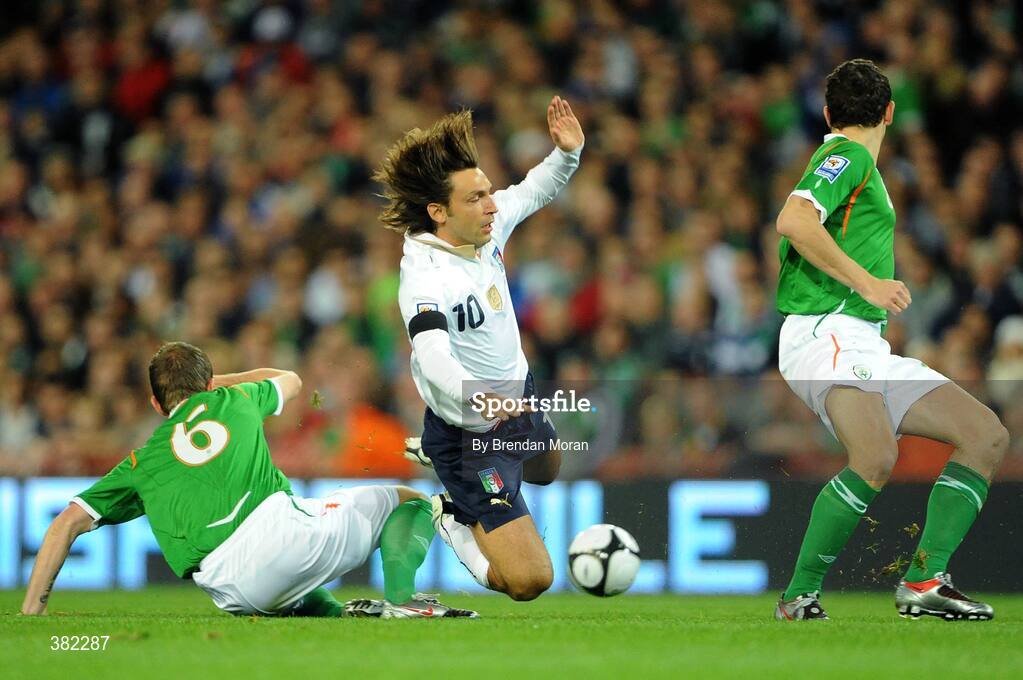 10 October 2009; Andrea Pirlo, Italy, in action against Glenn Whelan, Republic of Ireland. 2010 FIFA World Cup Qualifier, Republic of Ireland v Italy, Croke Park, Dublin. Picture credit: Brendan Moran / SPORTSFILE