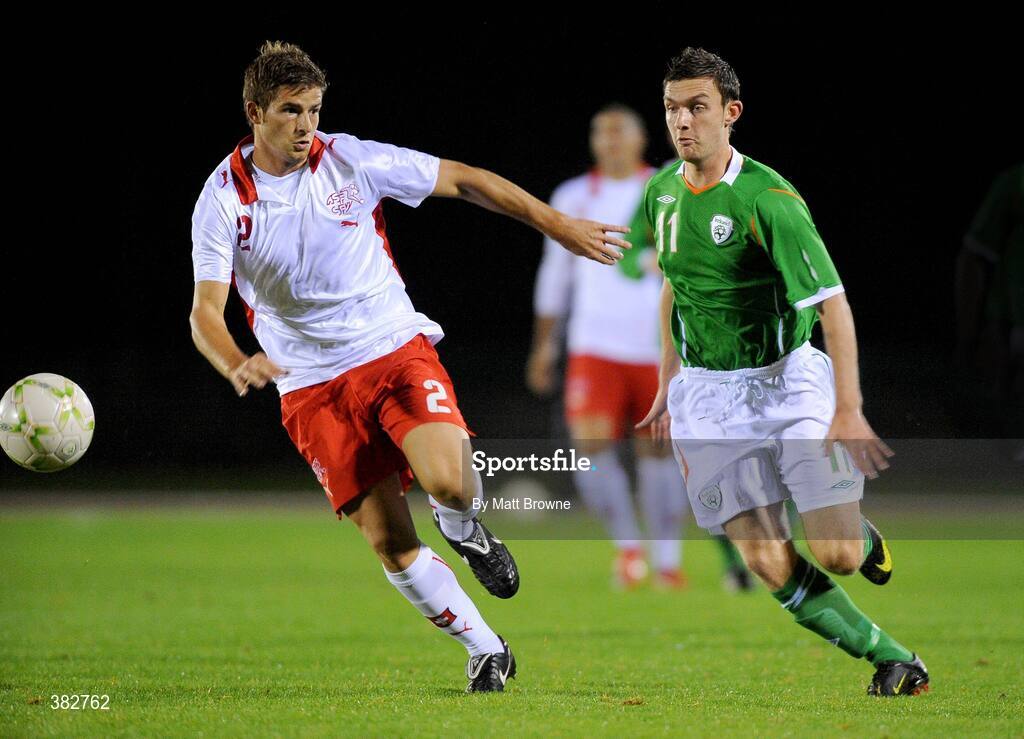 13 October 2009; Jay O'Shea, Republic of Ireland, in action against Gaetano Beradi, Switzerland. UEFA European U21 Championship Qualifier, Republic of Ireland v Switzerland, RSC, Waterford. Picture credit: Matt Browne / SPORTSFILE