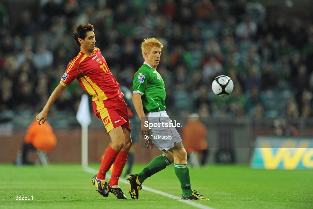 14 October 2009; Paul McShane, Republic of Ireland, in action against Branko Boskovic, Montenegro. 2010 FIFA World Cup Qualifier, Republic of Ireland v Montenegro, Croke Park, Dublin. Picture credit: Pat Murphy / SPORTSFILE