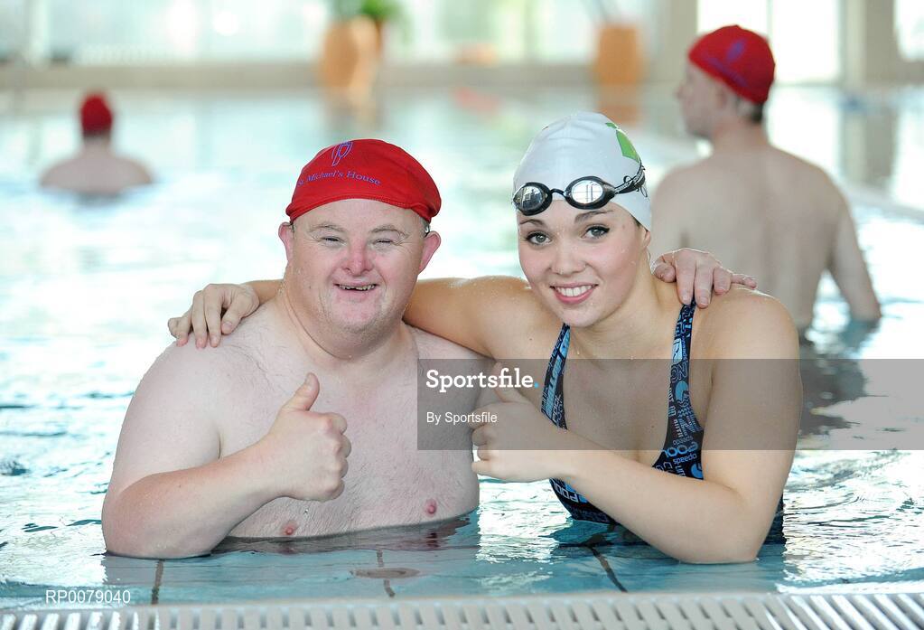 12 October 2009; Dave McHugh from Finglas, Co. Dublin with Irish Olympian Aisling Cooney at the launch of Santa Swim 2009. Ballymun and Finglas Leisure Centre, Ballymun Road, Dublin. Photo by Sportsfile