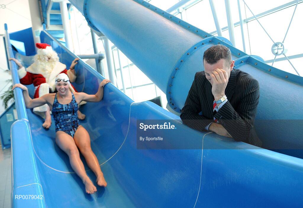 12 October 2009; Former Dublin footballer Ciarán Whelan with Irish Olympian Aisling Cooney and Santa at the launch of Santa Swim 2009. Ballymun & Finglas Leisure Centre, Ballymun Road, Dublin. Photo by Sportsfile