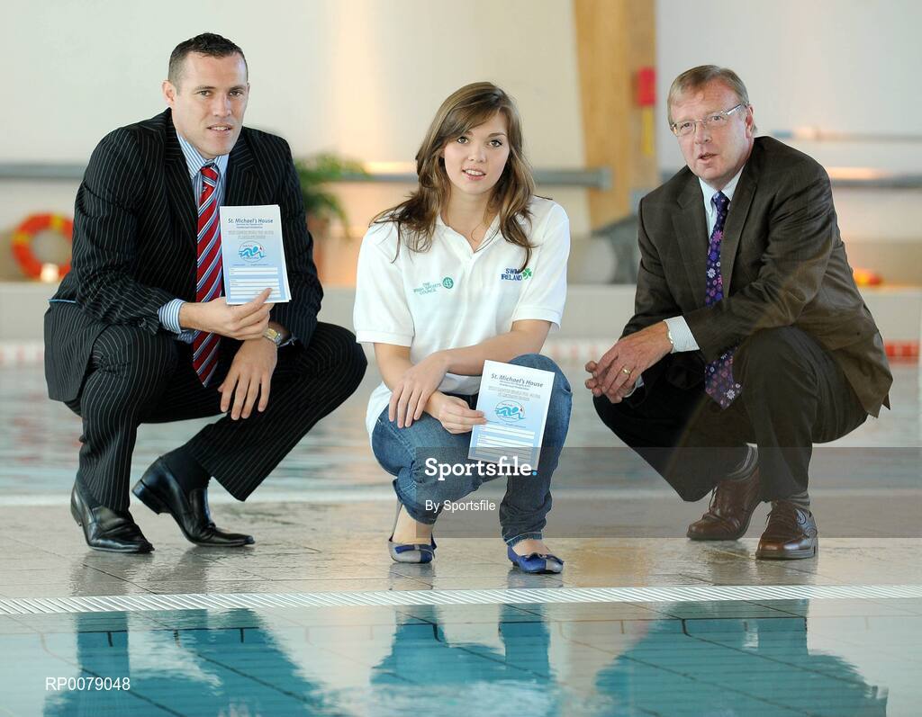 12 October 2009; Former Dublin footballer Ciarán Whelan with Irish Olympian Aisling Cooney and Maurice Bracken, Chairman, St. Michael's House, at the launch of Santa Swim 2009. Ballymun and Finglas Leisure Centre, Ballymun Road, Dublin. Photo by Sportsfile