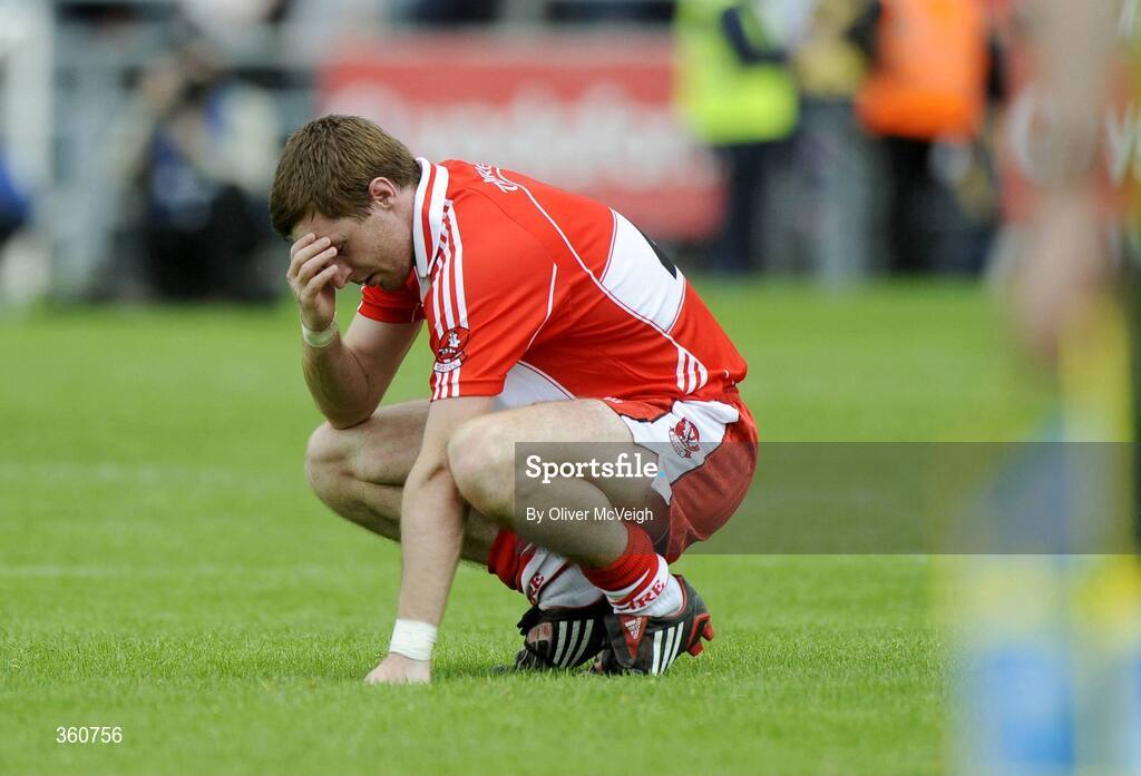 21 June 2009; A dejected Gerard O'Kane, Derry, at the final whistle. GAA Football Ulster Senior Championship Semi-Final, Tyrone v Derry, Casement Park, Belfast, Co. Antrim. Picture credit: Oliver McVeigh / SPORTSFILE