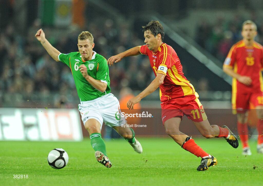 14 October 2009; Martin Rowlands, Republic of Ireland, in action against Branko Boskovic, Montenegro. 2010 FIFA World Cup Qualifier, Republic of Ireland v Montenegro, Croke Park, Dublin. Picture credit: Matt Browne / SPORTSFILE