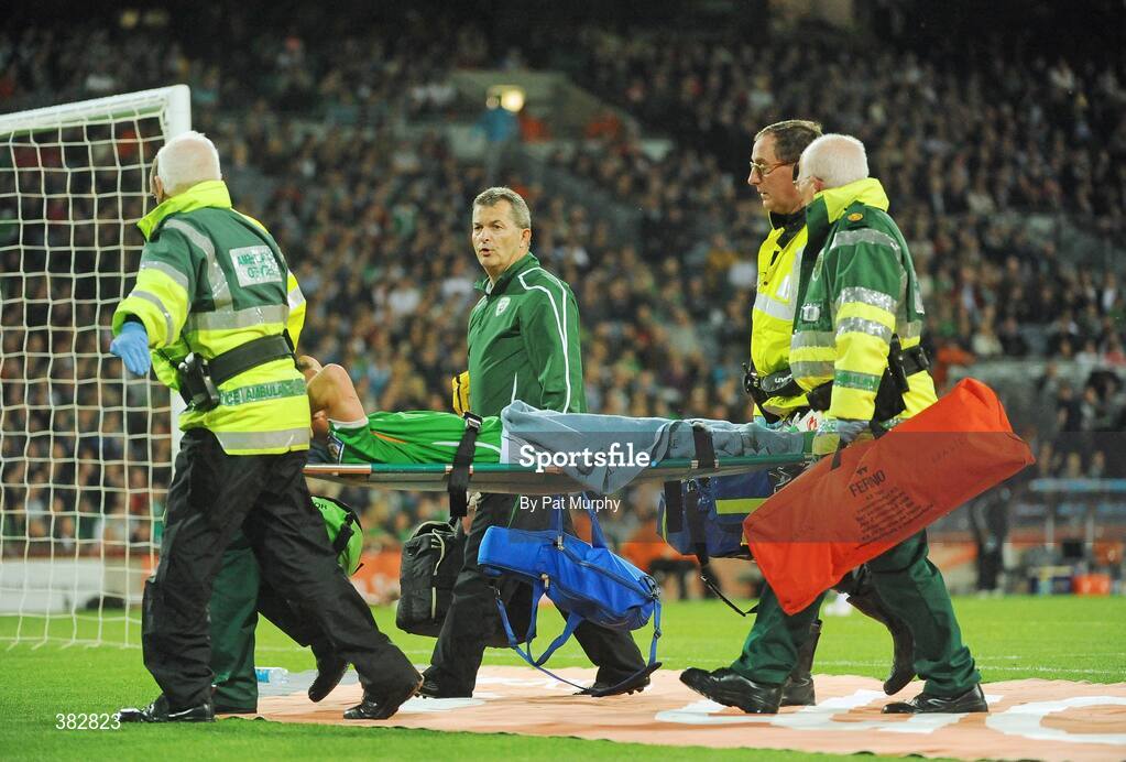 14 October 2009; Republic of Ireland's Martin Rowlands is stretchered off the field with a suspected cruciate ligament injury. 2010 FIFA World Cup Qualifier, Republic of Ireland v Montenegro, Croke Park, Dublin. Picture credit: Pat Murphy / SPORTSFILE