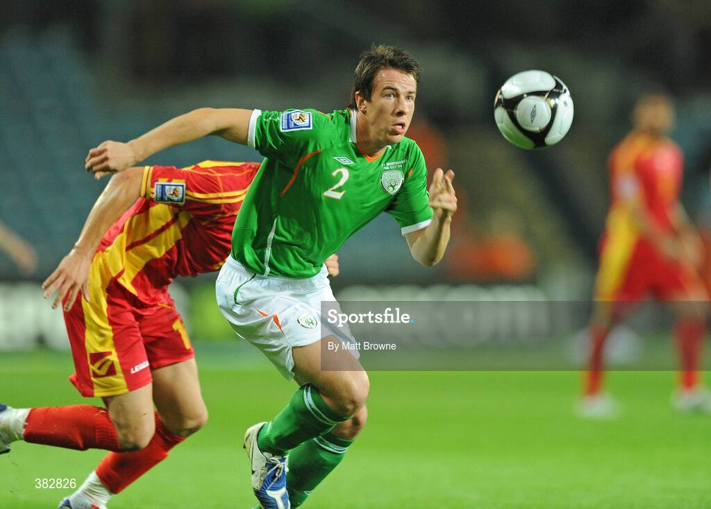 14 October 2009; Sean St Ledger, Republic of Ireland, in action against Andrija Delibasic, Montenegro. 2010 FIFA World Cup Qualifier, Republic of Ireland v Montenegro, Croke Park, Dublin. Picture credit: Matt Browne / SPORTSFILE