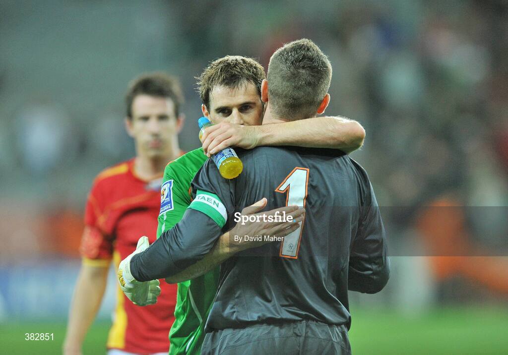 14 October 2009; Republic of Ireland captain Shay Given embraces team-mate Kevin Kilbane at the end of the game which saw both players reach 100 caps for their country. 2010 FIFA World Cup Qualifier, Republic of Ireland v Montenegro, Croke Park, Dublin. Picture credit: David Maher / SPORTSFILE