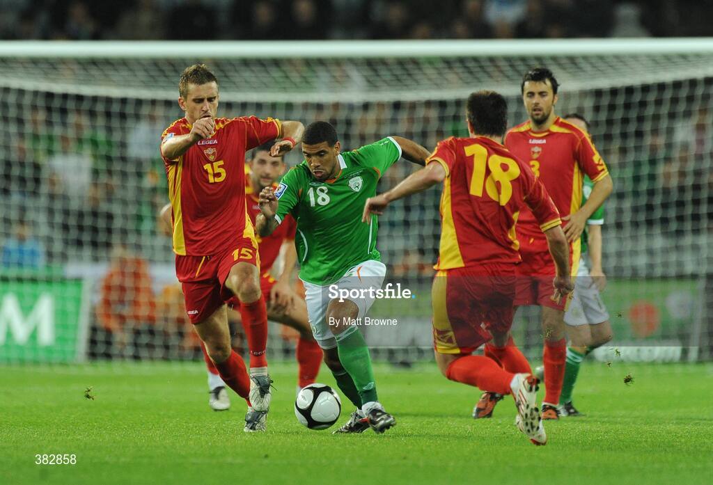14 October 2009; Leon Best, Republic of Ireland, in action against Milorad Pekovic, left, and Mitar Novakovic, Montenegro. 2010 FIFA World Cup Qualifier, Republic of Ireland v Montenegro, Croke Park, Dublin. Picture credit: Matt Browne / SPORTSFILE