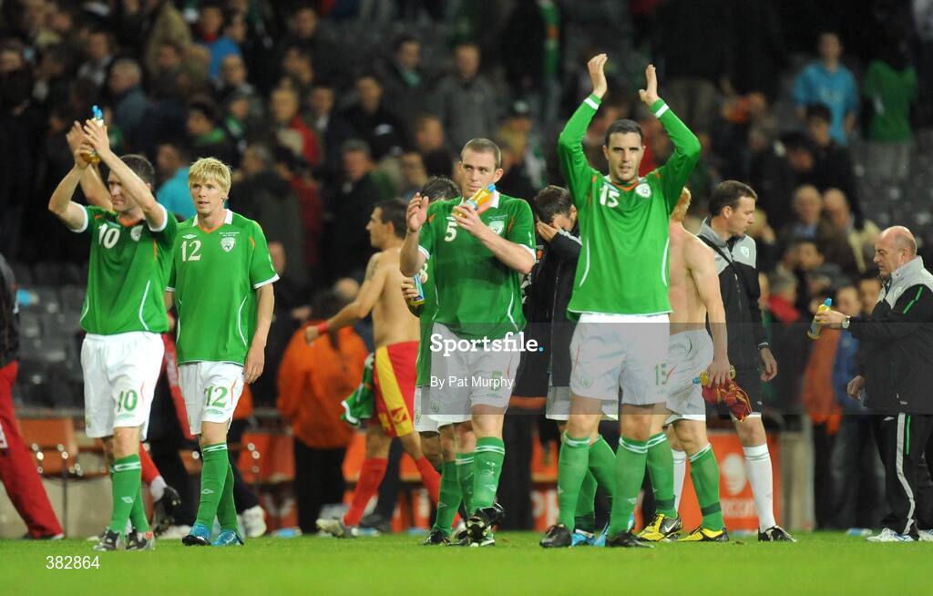 14 October 2009; Republic of Ireland's, from left to right, Robbie Keane, Andy Keogh, Richard Dunne and John O'Shea acknowledge the crowd at the end of the game. 2010 FIFA World Cup Qualifier, Republic of Ireland v Montenegro, Croke Park, Dublin. Picture credit: Pat Murphy / SPORTSFILE