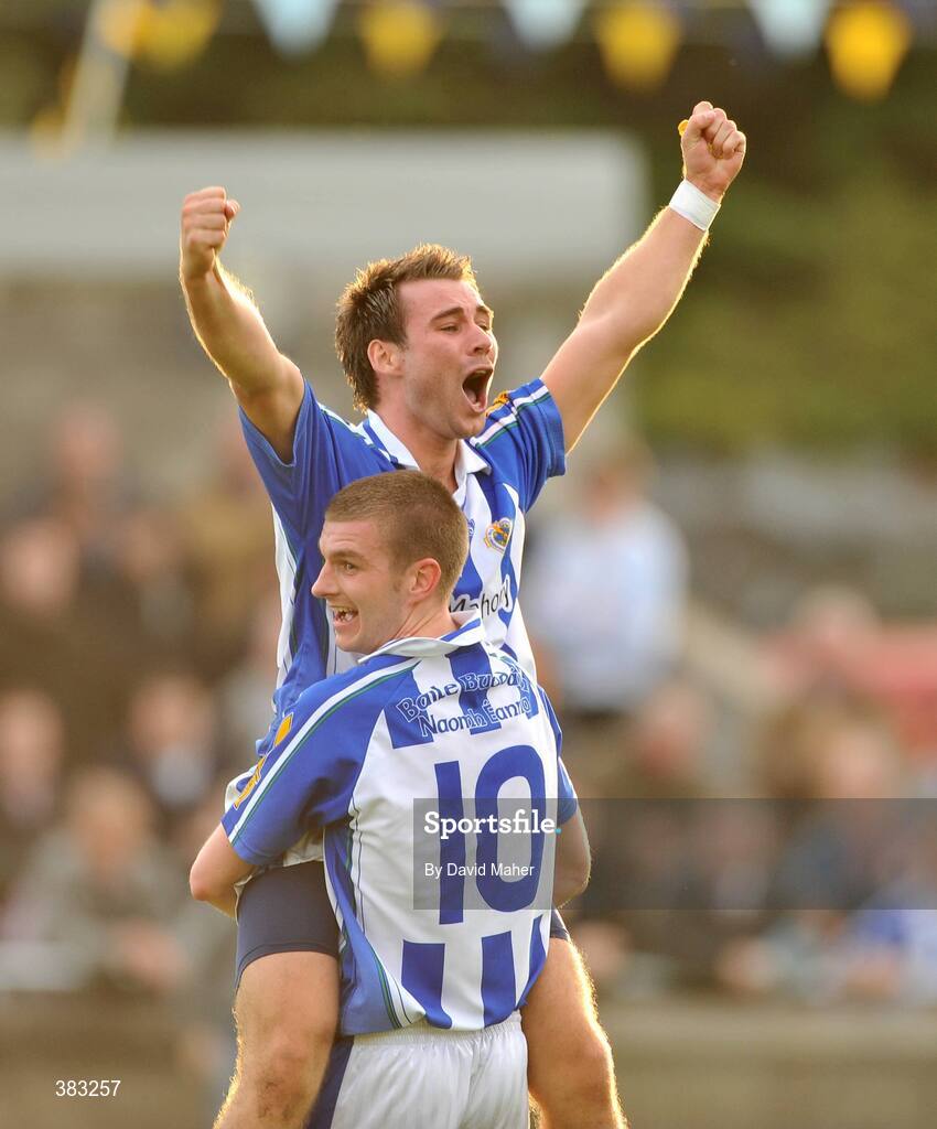 18 October 2009; Shane Durkin, Ballyboden St. Enda's, celebrates with his team-mate Paul Galvin, no.10, at the end of the game. Dublin County Senior Football Final, Ballyboden St. Enda's v St. Jude's, Parnell Park, Dublin. Picture credit: David Maher / SPORTSFILE