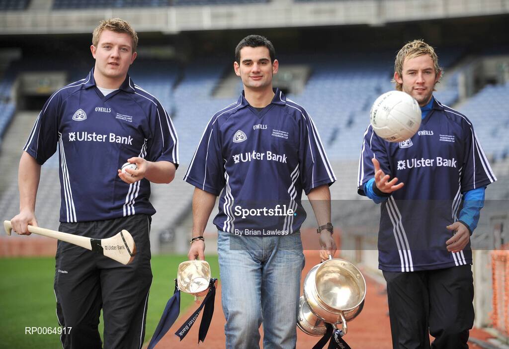 10 December 2008; Student GAA stars learned their fate in the 2009 Ulster Bank Higher Education Championship Draws at Croke Park today. At a photocall before the draws are Mayo inter-county footballer Conor Mortimer, DCU, right, Tipperary hurler Ray McLoughney, Waterford IT, centre, and Galway hurler Joe Canning, Limerick IT. University of Ulster Jordanstown and Waterford Institute of Technology will defend their respective Ulster Bank Sigerson and Fitzgibbon Cup crowns in the highly anticipated 2009 Championships. Over 100 teams will be battling it in all divisions for a place at the finals weekend hosted by Cork Institute of Technology, football, and Trinity College Dublin, hurling. Croke Park, Dublin. Picture credit: Brian Lawless / SPORTSFILE