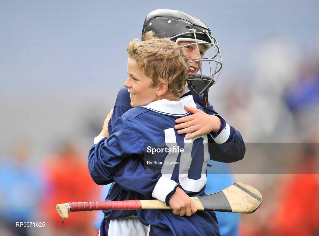 18 June 2009; Scoil San Treasa's Conor Cowhey, right, celebrates with team-mate Brian Connolly at the final whistle. Allianz Cumann na mBunscoil Finals, Scoil San Treasa, Mount Merrion v Holy Spirit, Ballymun, Corn Ui Mhaolain, Croke Park, Dublin. Picture credit: Brian Lawless / SPORTSFILE