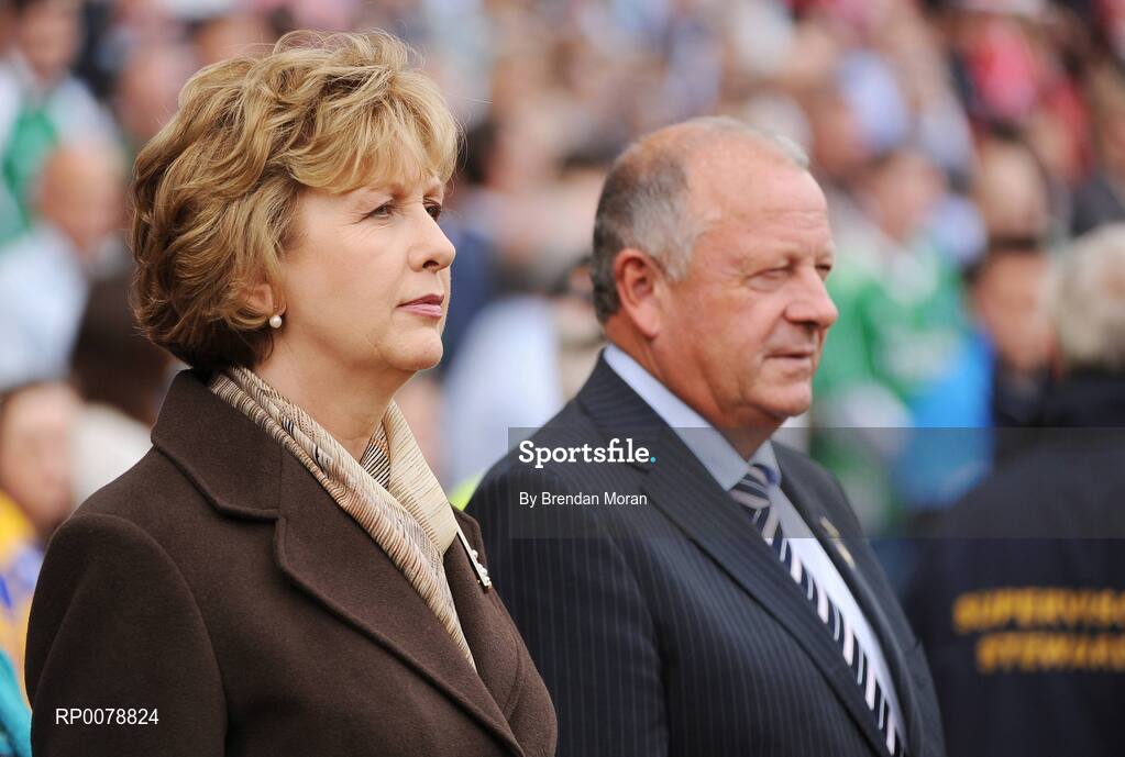 27 September 2009; President Mary McAleese with Pat Quill, President, Cumann Peil Gael na mBan. TG4 All-Ireland Ladies Football Senior Championship Final, Cork v Dublin, Croke Park, Dublin. Picture credit: Brendan Moran / SPORTSFILE