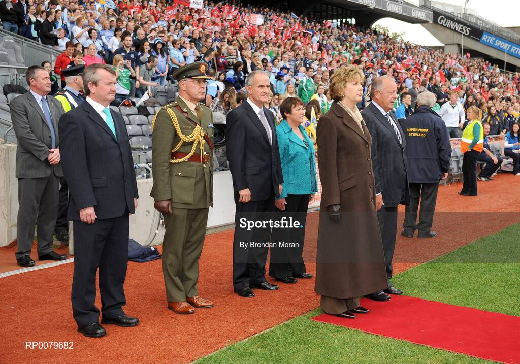 27 September 2009; President Mary McAleese arrives for the game accompanied by Pat Quill, President, Cumann Peil Gael na mBan. TG4 All-Ireland Ladies Football Senior Championship Final, Cork v Dublin, Croke Park, Dublin. Picture credit: Brendan Moran / SPORTSFILE