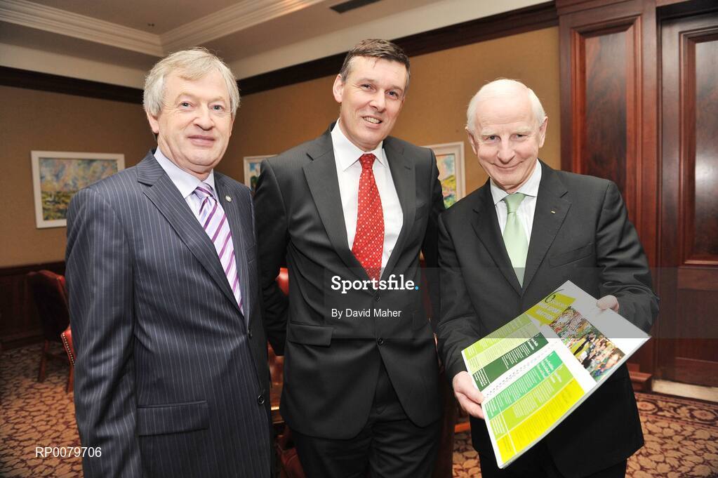 21 October 2009; Paraic Duffy, left, Director General of the GAA, with Philip Browne, centre, CEO of the IRFU and Pat Hickey, President of the OCI, at the launch of a campaign to highlight the importance of continued government funding of Irish sport. D4 Berkeley Hotel, Dublin. Picture credit: David Maher / SPORTSFILE