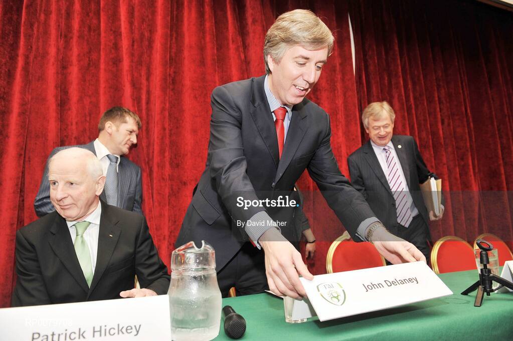 21 October 2009; John Delaney, CEO of the FAI, with Pat Hickey, left, President of the OCI, Matt English, second from left, CEO, Special Olympics Ireland, and Mr Paraic Duffy, right, Director General of the GAA, at the launch of a campaign to highlight the importance of continued government funding of Irish sport. D4 Berkeley Hotel, Dublin. Picture credit: David Maher / SPORTSFILE