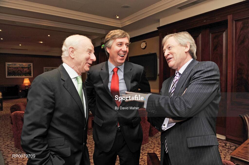 21 October 2009; Paraic Duffy, right, Director General of the GAA, with John Delaney, centre, CEO of the FAI, and Pat Hickey, President of the OCI, at the launch of a campaign to highlight the importance of continued government funding of Irish sport. D4 Berkeley Hotel, Dublin. Picture credit: David Maher / SPORTSFILE