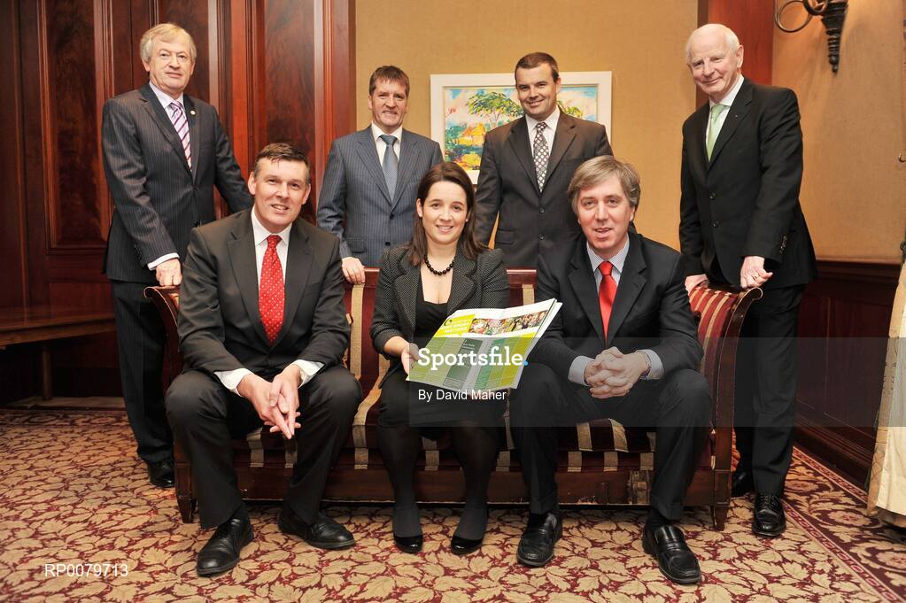 21 October 2009; Pictured at the launch of a campaign to highlight the importance of continued government funding of Irish sport were left to right, Paraic Duffy, Director General of the GAA, Philip Browne, CEO of the IRFU, Matt English, CEO, Special Olympics Ireland, Sarah O’Connor, CEO, Federation of Irish Sports, Liam Harbison, CEO Paralympic Council of Ireland, John Delaney, CEO of the FAI and Pat Hickey, President of the OCI. D4 Berkeley Hotel, Dublin. Picture credit: David Maher / SPORTSFILE
