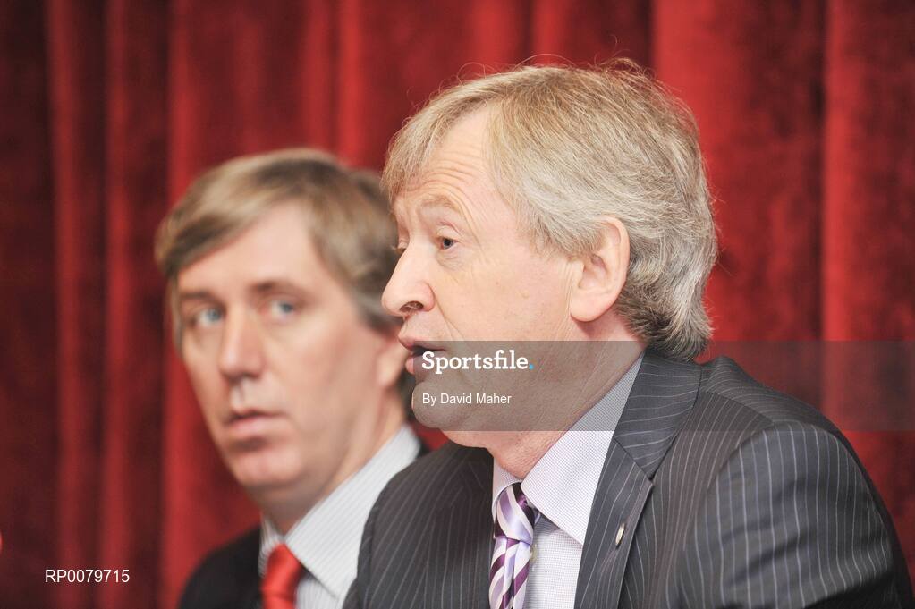 21 October 2009; Paraic Duffy, right, Director General of the GAA, with John Delaney, CEO of the FAI, at the launch of a campaign to highlight the importance of continued government funding of Irish sport. D4 Berkeley Hotel, Dublin. Picture credit: David Maher / SPORTSFILE