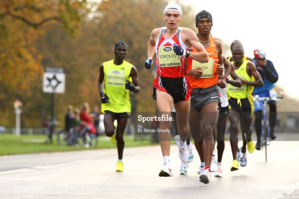 26 October 2009; 2007 winner, Aleksey Sokolov from Russia, leads eventual winner, Feyisa Lilesa, Ethopia, through the Phoenix Park. Lifestyle Sports - adidas Dublin Marathon 2009. Phoenix Park, Dublin. Picture credit: Tomas Greally / SPORTSFILE