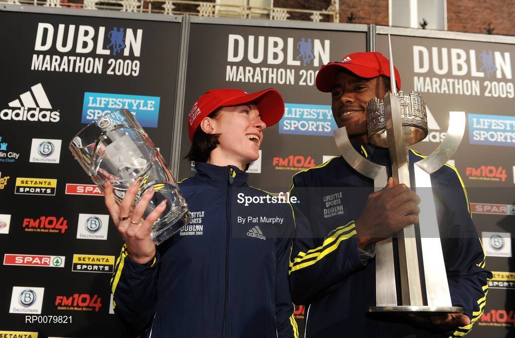 26 October 2009; Winner of the Women's race Kateryna Stetsenko, Ukraine, with winner of the Men's race Feyisa Lilesa, Ethiopia, after the Lifestyle Sports - adidas Dublin Marathon 2009. Merrion Square, Dublin. Picture credit: Pat Murphy / SPORTSFILE