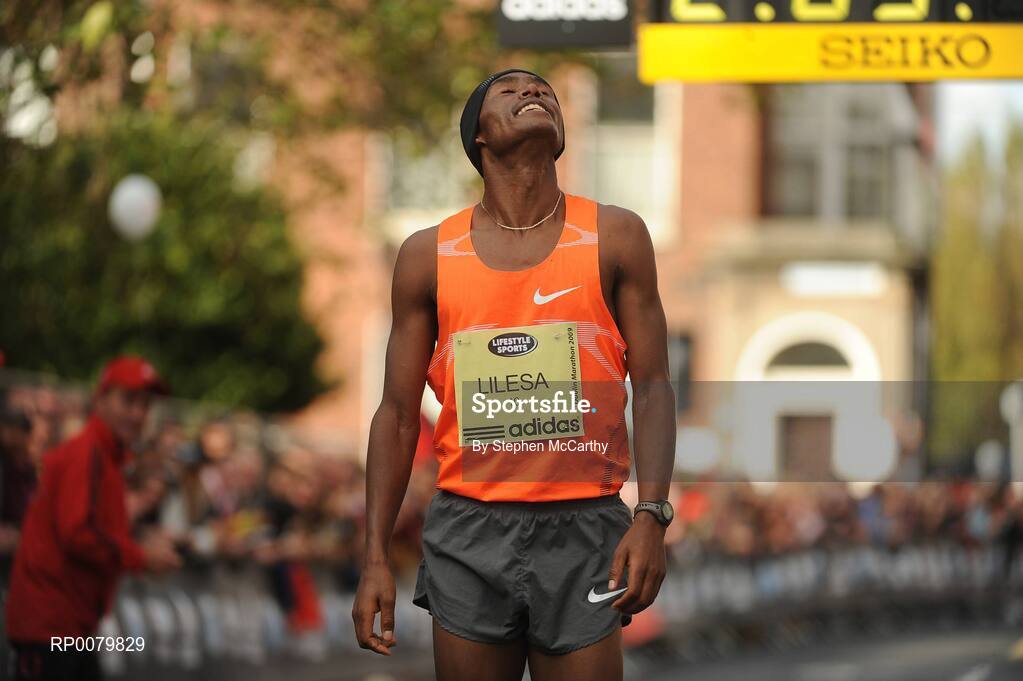 26 October 2009; Feyisa Lilesa, Ethiopia, reacts after winning the Lifestyle Sports - adidas Dublin Marathon 2009, but missed out on the course record by 5 seconds. Merrion Square, Dublin. Picture credit: Stephen McCarthy / SPORTSFILE