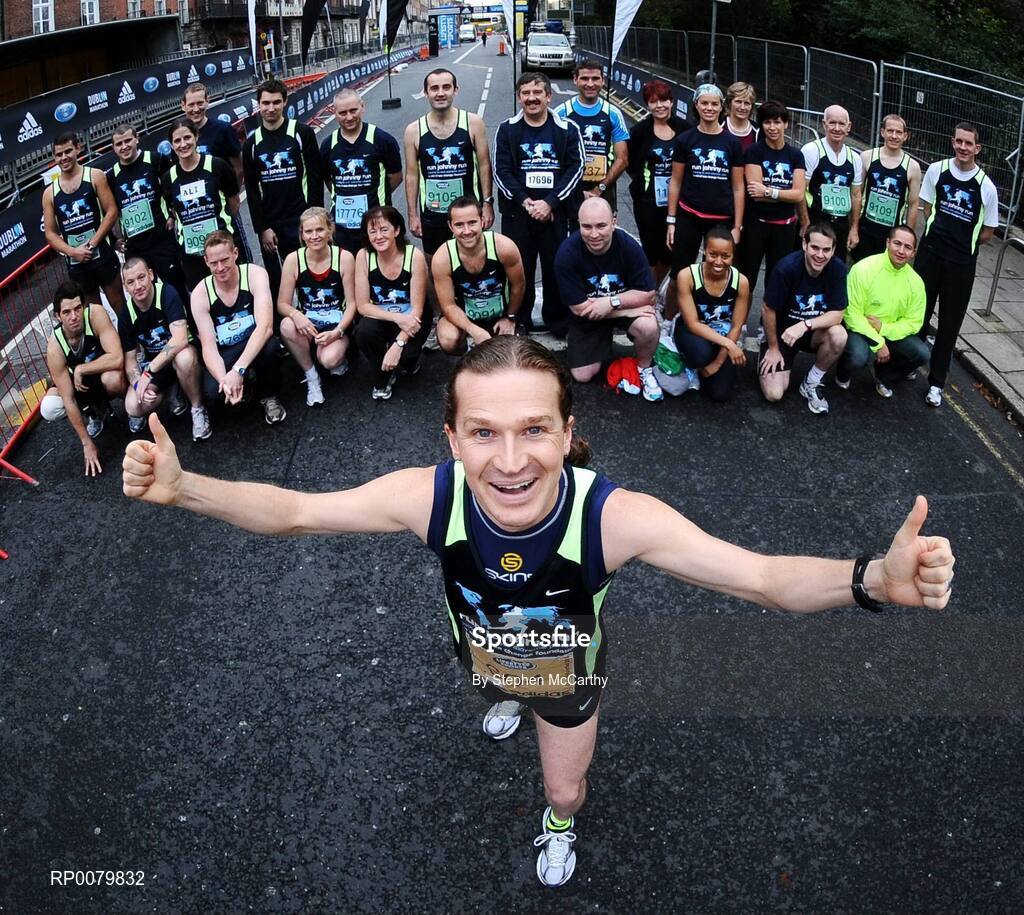 26 October 2009; Former Saw Doctor Johnny Donnelly with his group of runners running in aid of Run Johnny Run. Johnny is aiming to run 80 marathons in four years for the SeeChange charity ahead of the Lifestyle Sports - adidas Dublin Marathon 2009. Merrion Square, Dublin. Picture credit: Stephen McCarthy / SPORTSFILE